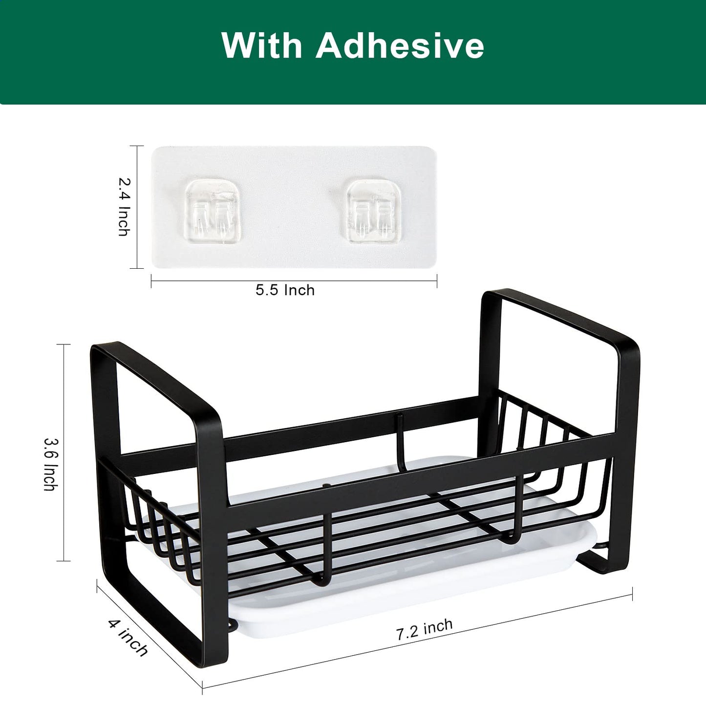 TEZZ Sponge Holder for Kitchen Sink- Stainless Steel Kitchen Sink Caddy for Organizing Sponge, Brush & Soap Dish Dispenser, coutertop Organizer Rack with Adhesive or Counter top, Black