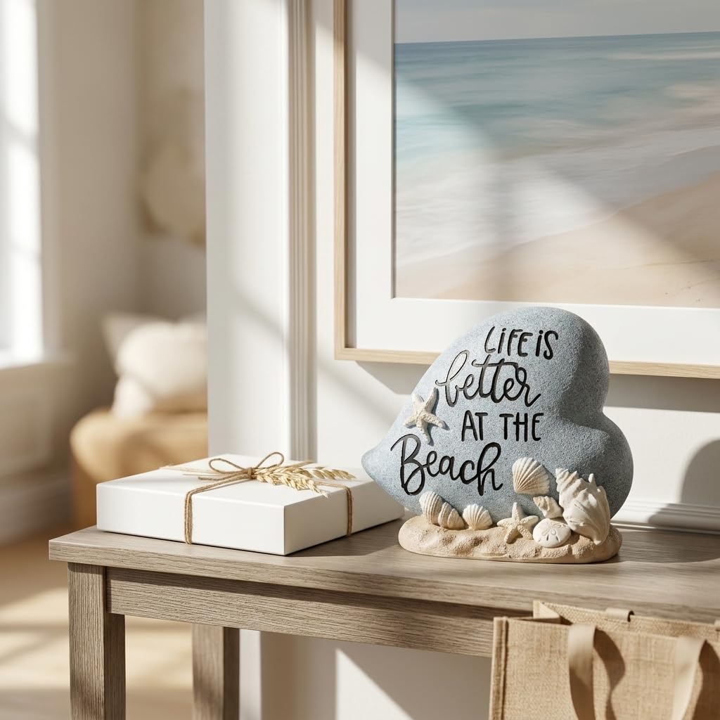 DOVDOV Resin Beach Decor Statue with Seashell and Starfish Accents, Coastal Heart Tabletop Sculpture with Life is Better at the Beach Message for Shelf Mantel Desk Home Display (Blue)