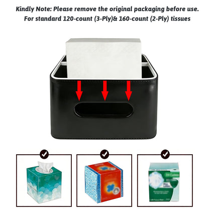PU Leather Tissue Box Cover Square - Multifunctional Tissue Box Holder with Storage, Tissue and Remote Control Holder Organizer with Compartments for Bedroom Nightstand, Desk, Living Room (Black)