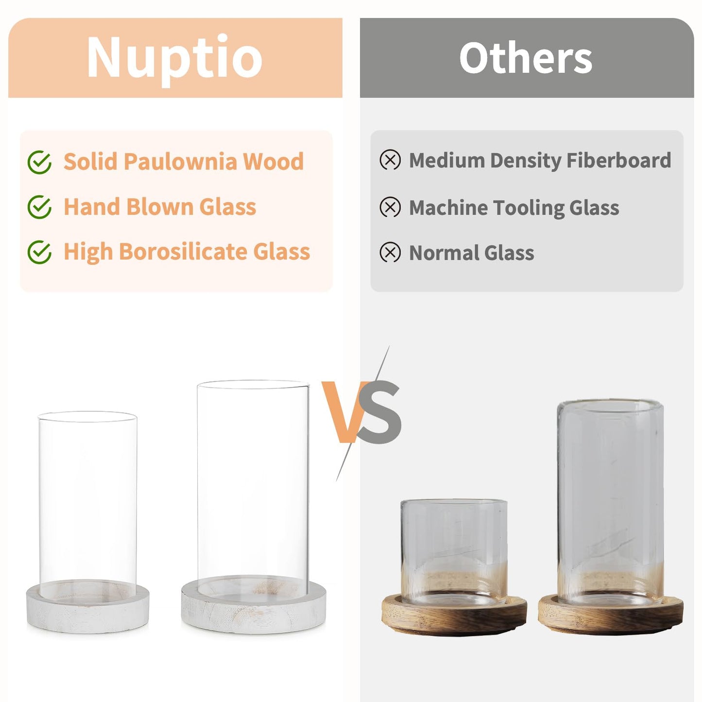 NUPTIO Hurricane Candle Holder for Wedding: Glass Cylinder Vase with Distressed White Wood Plate - Set of 2 Tall Pillar Candles Holder for Christmas Thanksgiving Holiday Decoration