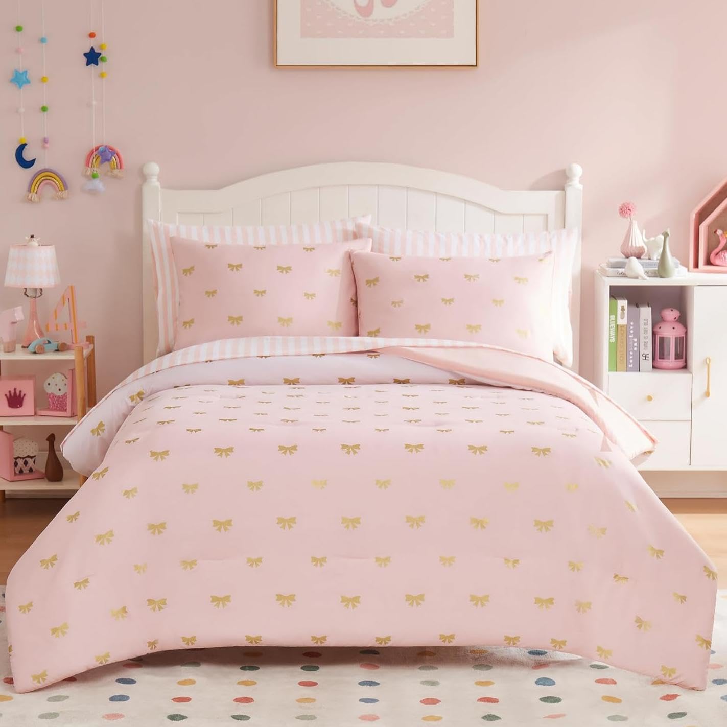 Wink Deer Twin Comforter Set with Sheets for Girls-5 Pieces Twin Bedding Sets with Pink White Gradient Ombre Comforter, Sheets, Pillowcase & Sham for Kids (Gold Bow, 66" X 86")