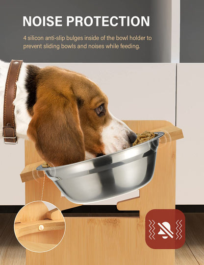 Vantic Raised Dog Bowls with Stand, 6 Heights Adjustable Bamboo Dog Feeding Station with 2 Stainless Steel Bowls, 17cm High