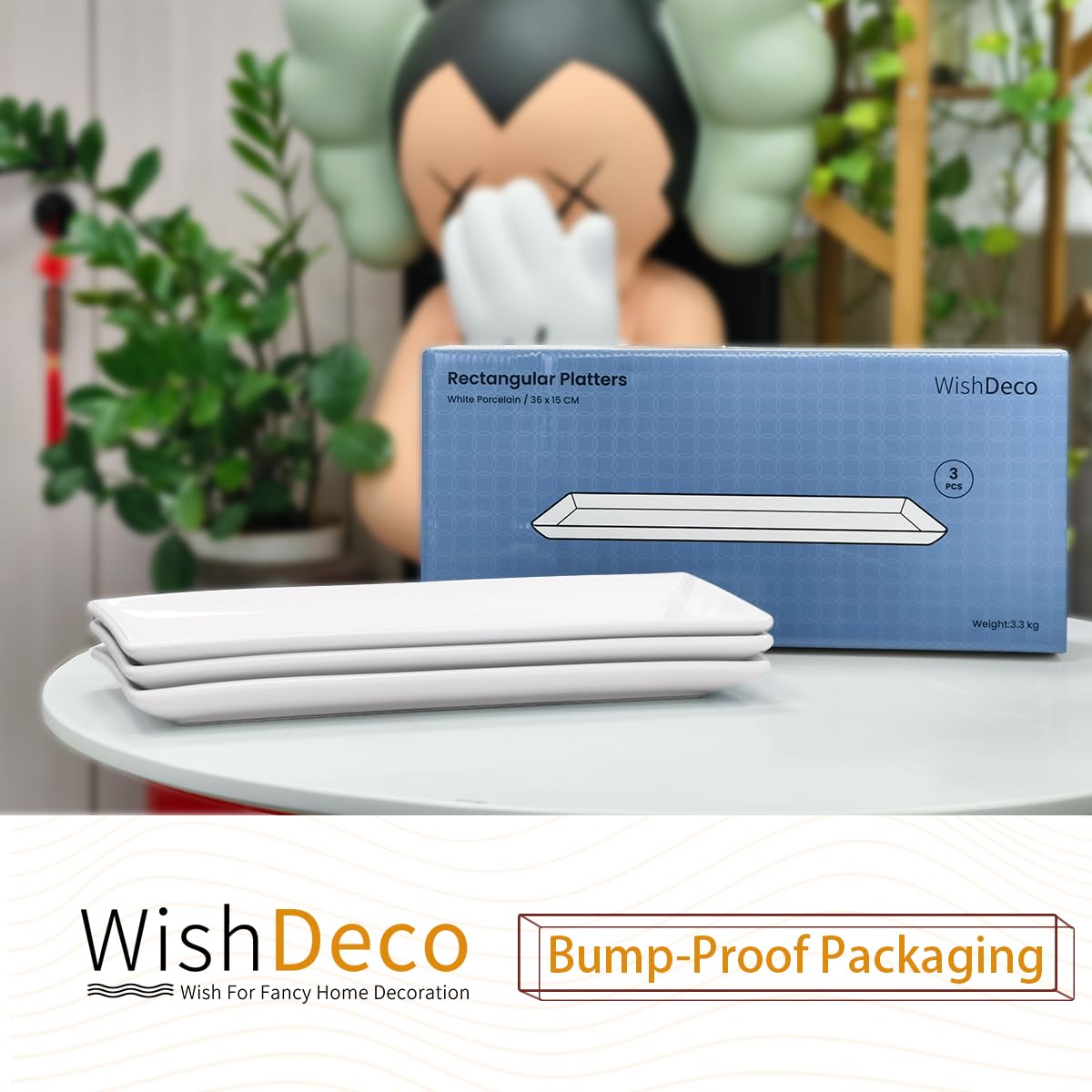 WishDeco Serving Platters Set of 3, Large Serving Trays 14 inch, White Serving Plates, Ceramic Rectangle Plate, Long Platter for Cake, Sushi, Steak, Dessert, Buffet