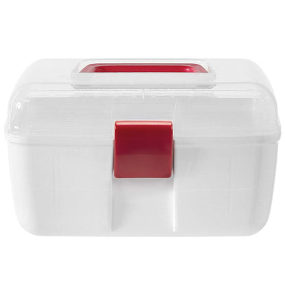 MyGift 10 Inch Multipurpose Portable White Plastic Storage Box with Removable Tray, Clear Lid and and Red Handle and Latch Lock, Home First Aid Storage Tool Box Sewing Kit Organizer Carrying Case