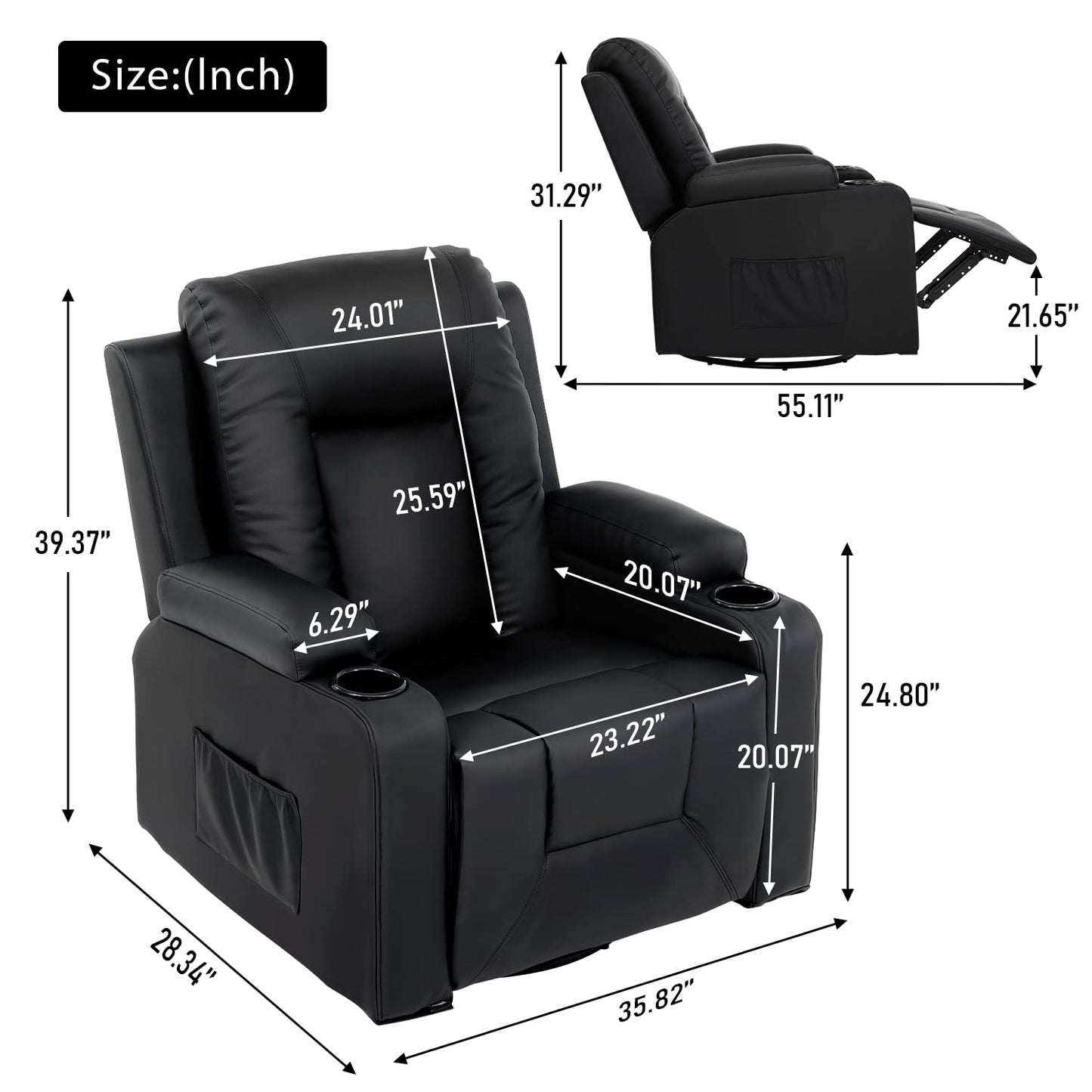 COMHOMA Recliner Chair Set, Leather Recliner Living Room Furniture Sets, Recliner Sofa Loveseat (Black,Living Room Set 3+1)