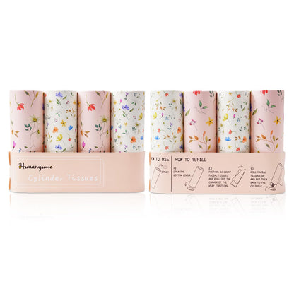 4 Pack Pink Wild Floral Car Tissue Holder with 3-Ply Facial Tissues - Round Cylinder Tissues Fits Car Cup Holder, Travel Tissues Bulk (200 Sheets 7.1x7.1") - Cute Sister Mother's Day Birtyday Gifts