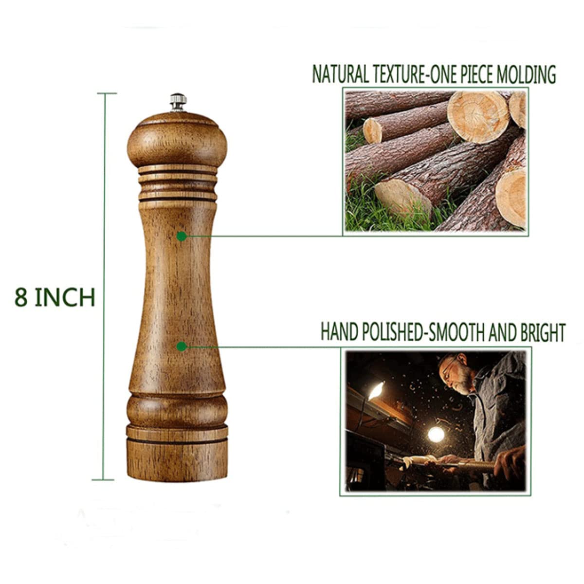 BINHAI Salt and Pepper Mill Set, Wooden Pepper Grinder Set Salt Pepper Grinder Kit Manual Mills Solid with Strong Adjustable Ceramic Grinders 2 Piece 8 Inches