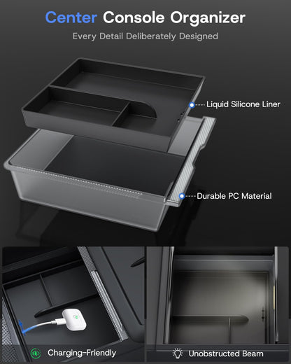 SUMK Center Console Organizer Tray for 2025 2026 Tesla Model Y Juniper (Premium & Performance) & All Model 3 Highland, Durable PC +Silent Silicone Liner Armrest Storage Box Wireless Charging Pad 4PCS