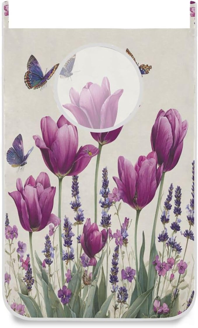Purple Tulilp Butterfly Hanging Laundry Hamper Door Hampers Bag Basket