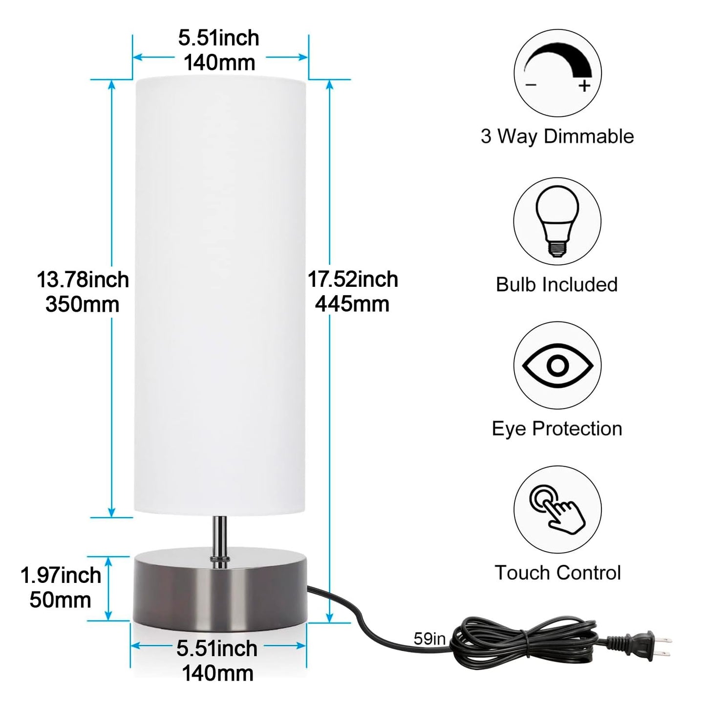 Touch Table Lamp, 3-Way Dimmable Modern Minimalist Accent Bedside Lamp with Cylinder Fabric Shade, Night Light Nightstand Desk Lamp for Bedroom Living Room Kitchen, 9W LED Bulb Included