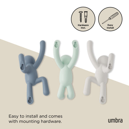 Umbra Buddy Wall Hooks – Decorative Wall Mounted Coat Hooks for Hanging Coats, Scarves, Bags, Purses, Backpacks, Towels and More, Set of 3, White/Grey/Mint