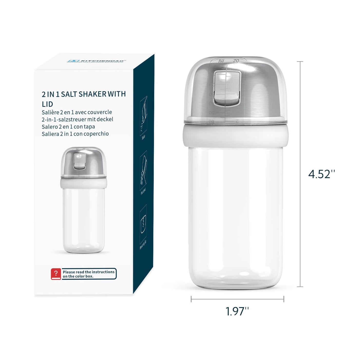 KTCHENDAO 2 in 1 Glass Salt Shaker with Side Pour Spout, Built-in Lid to Slow Down Dampness with Mearsuring Marks, Elegant Borosilicate Glass Salt Dispenser for Kitchen, BPA Free, 4oz (White)