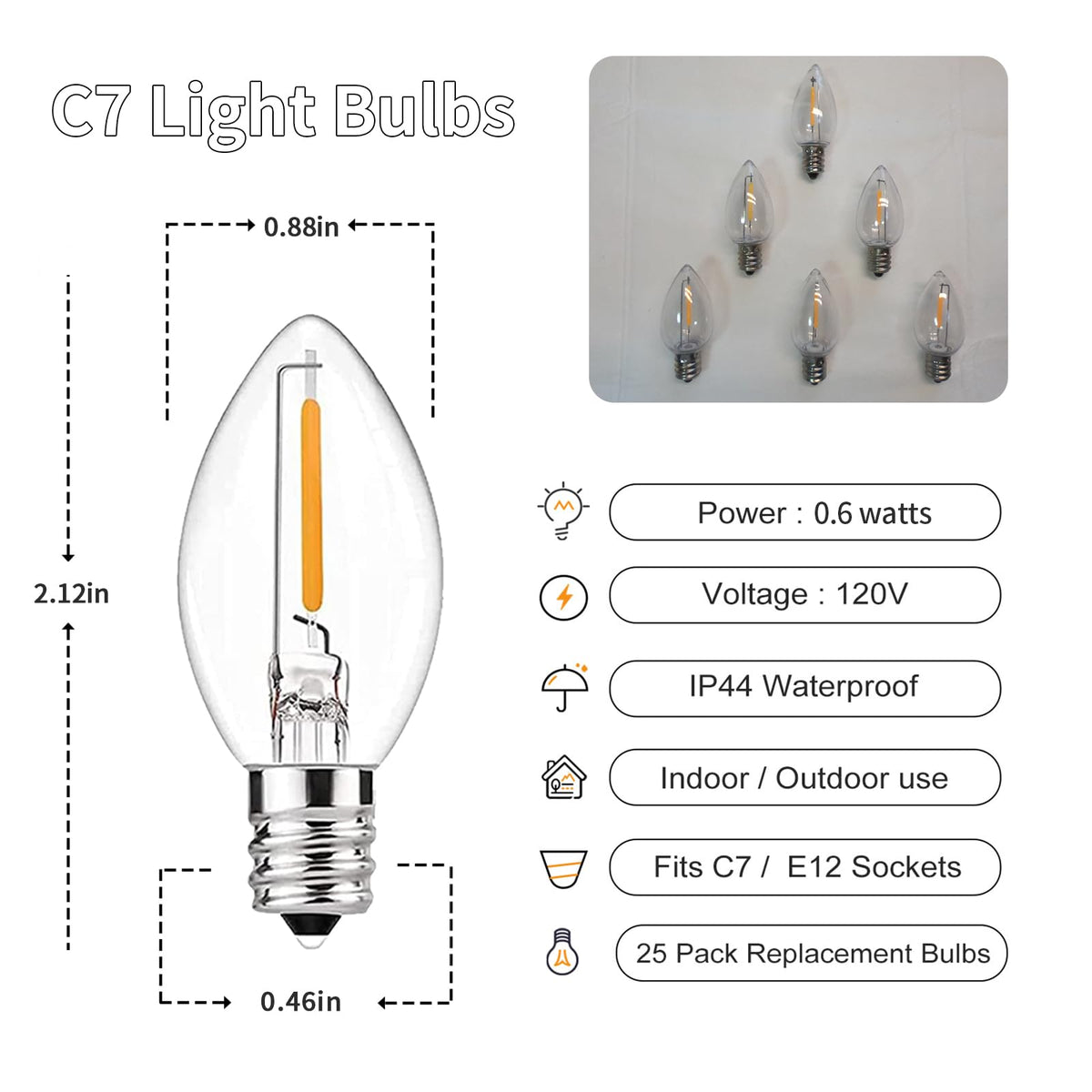 CHYParty 12 Pack C7 LED Christmas Bulbs, E12 Candelabra Base, 0.6W Warm White Dimmable Clear - Halloween Light Bulbs for Indoor/Outdoor String Lights, Patio Party Wedding Xmas Tree Replacement