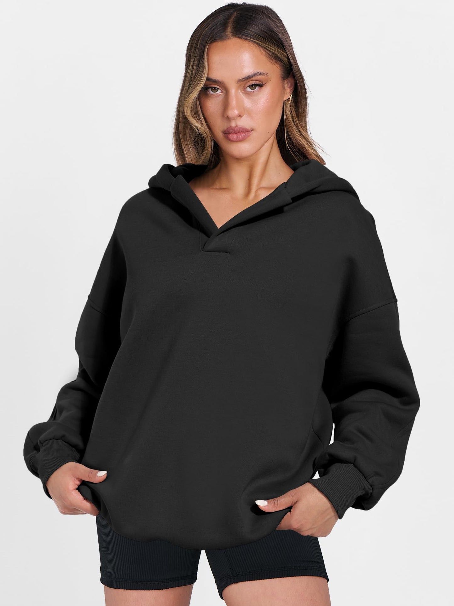 ANRABESS Womens Oversized Hoodies V Neck Sweatshirts Fleece Long Sleeve Pullover Y2K Clothes 2025 Fall Trendy Outfits Black L