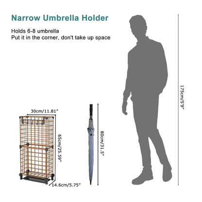 AWTATOS Umbrella Holder Entryway, Umbrella Stand Freestanding, Metal Square Umbrella Rack Organizer with a Removable Drip Tray, Hooks, Brown