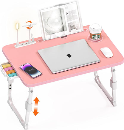DECOSIS Bed Desk Height Adjustable, Bed Laptop Table with USB/Storage Drawer/Cup Holder/Tablet Stand/Book Shelf, Foldable Breakfast Tray Portable for Reading Writing, Bed, Sofa & Floor, Wood, Pink