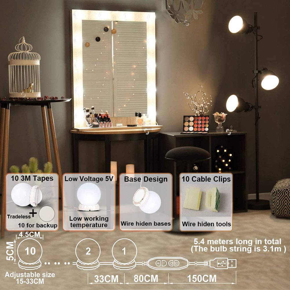 Hollywood Style Mirror Lights Kit DIY, LED Vanity Makeup Lamp 14 Globe Bulbs Dimmable Stick on to Mirror USB with 3 Light Colors & 10 Brightness Levels for Dressing Table Room, Bathroom, Bedroom