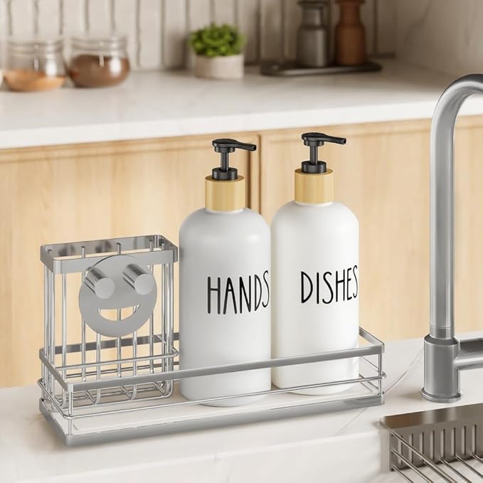 Moforoco Kitchen Dish Soap Dispenser Set, 16OZ Glass Bottle, Hand and Dish Soap