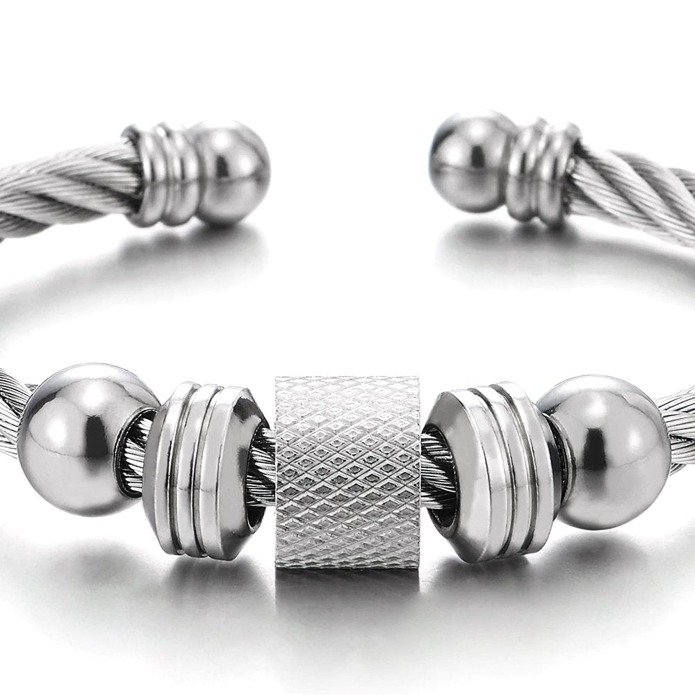 COOLSTEELANDBEYOND Steel Twisted Cable Cuff Bangle Bracelet for Men Women with Beads Charms, Polished Adjustable