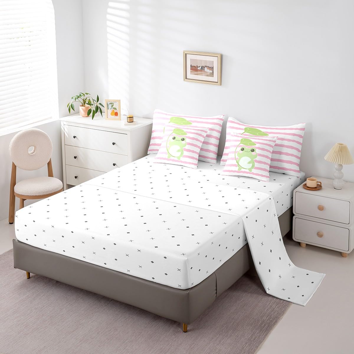 Castle Fairy Cute Frog 7Pcs Comforter Set Full Size,Cartoon Animal Bedding Sets for Kids Girls Boys,Pink White Striped Bed in a Bag Black White Fitted Sheet Flat Sheet,2 Throw Pillow 2 Pillowcases