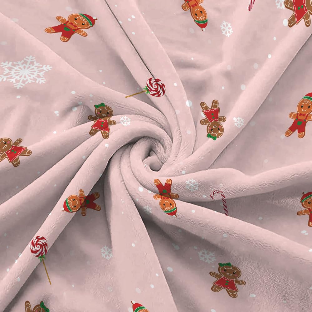 Pink Christmas Gingerbread Throw Blanket, Gingerbread Man Candy Cane Blanket Xmas Winter Flannel Warm Throw Blankets Soft Cozy Decorative for Christmas Home Bed Sofa Couch Decor, 50 x 60 Inch