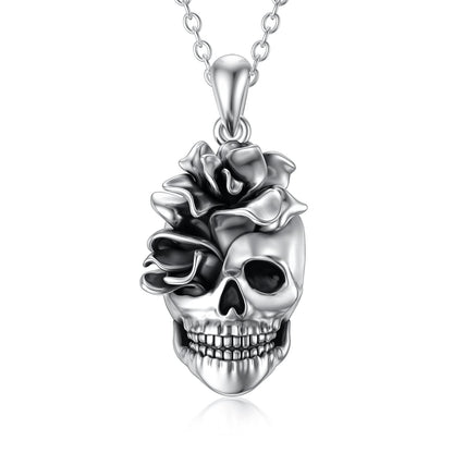 Seiyang Skull Necklace for Women Sterling Silver Goth Skulls Rose Pendant Halloween Necklaces Skull Jewelry Gift for Women Men Halloween (Rose Skulls Necklace)