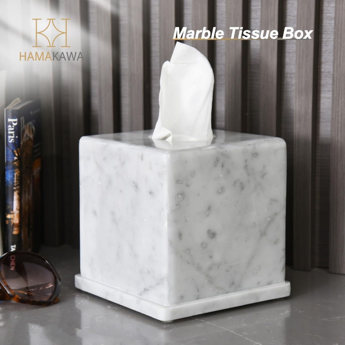 HAMAKAWA Natural Marble Tissue Box Cover, Carrara White Tissue Organizer 6 x 6 x 5.7 inch, Heavy Stone Decorative Box, Square Tissue Box Holder for Home Decor, Kitchen, Bathroom, Bedroom