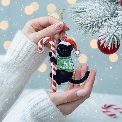 Black Cat Christmas Ornament Hugging Candy Cane 2D Flat Acrylic Ornament - Cute Ornaments for Christmas Tree, Black Cat Ornaments for Women, Men 2025