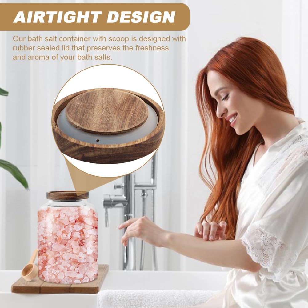 Kazheon 74 oz Bath Salt Container,Glass Bath Salts Jar with Wooden Lid and Scoop,Bathroom Organizers and Storage for Bath Flour Salt Candy Tea