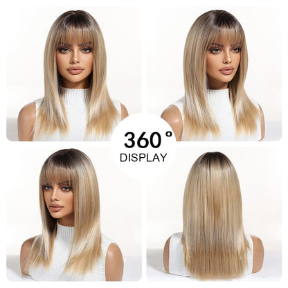 OUFEI Ombre Blonde Wigs for Women Medium Length Long Straight Wig with Bangs Synthetic Hair Heat Resistant Wigs for Everyday Party Cosplay Wear