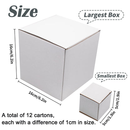 Cuyacili Prank Gift Boxes Nesting Gift Boxes Surprise Box White Carton Square Prank Box Funny Gag Gift for Weddings Anniversaries Birthday Packaging Presents 12 Nesting Cartons (1.9-6.3 Inch)