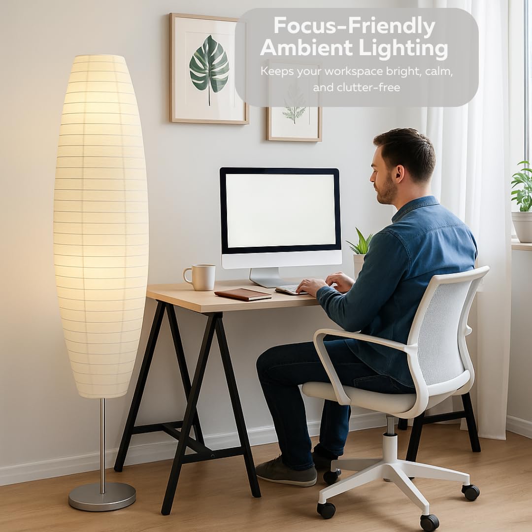 LIGHTACCENTS Paper Floor Lamp Set of 2, 59" Tall Modern Standing Lamps for Living Room, Bedroom, Dorm, Apartment, Asian Style Rice Paper Shade Lantern Lights, 2-Pack