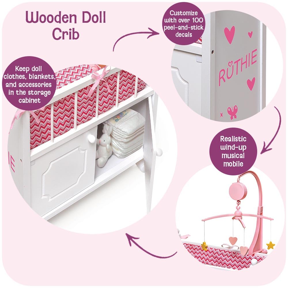 Badger Basket Wooden Toy Doll Bed with Storage, Mobile, and Bedding - Includes Wheels and Free Personalization Kit to Pretend and Play - White with Pink Chevron Fabric