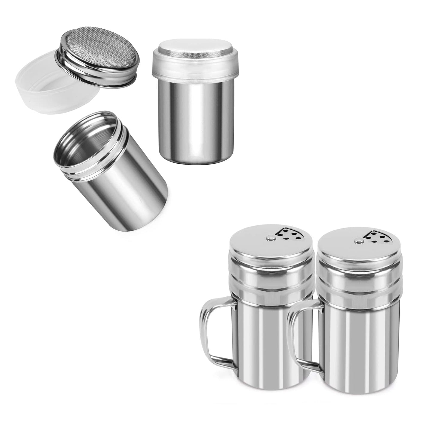 Accmor 2pcs Powder Sugar Shakers+ 2pcs Salt and Pepper Shakers with Handle,Shakers For Cinnamon Sugar Pepper Powder Cocoa Flour Salt
