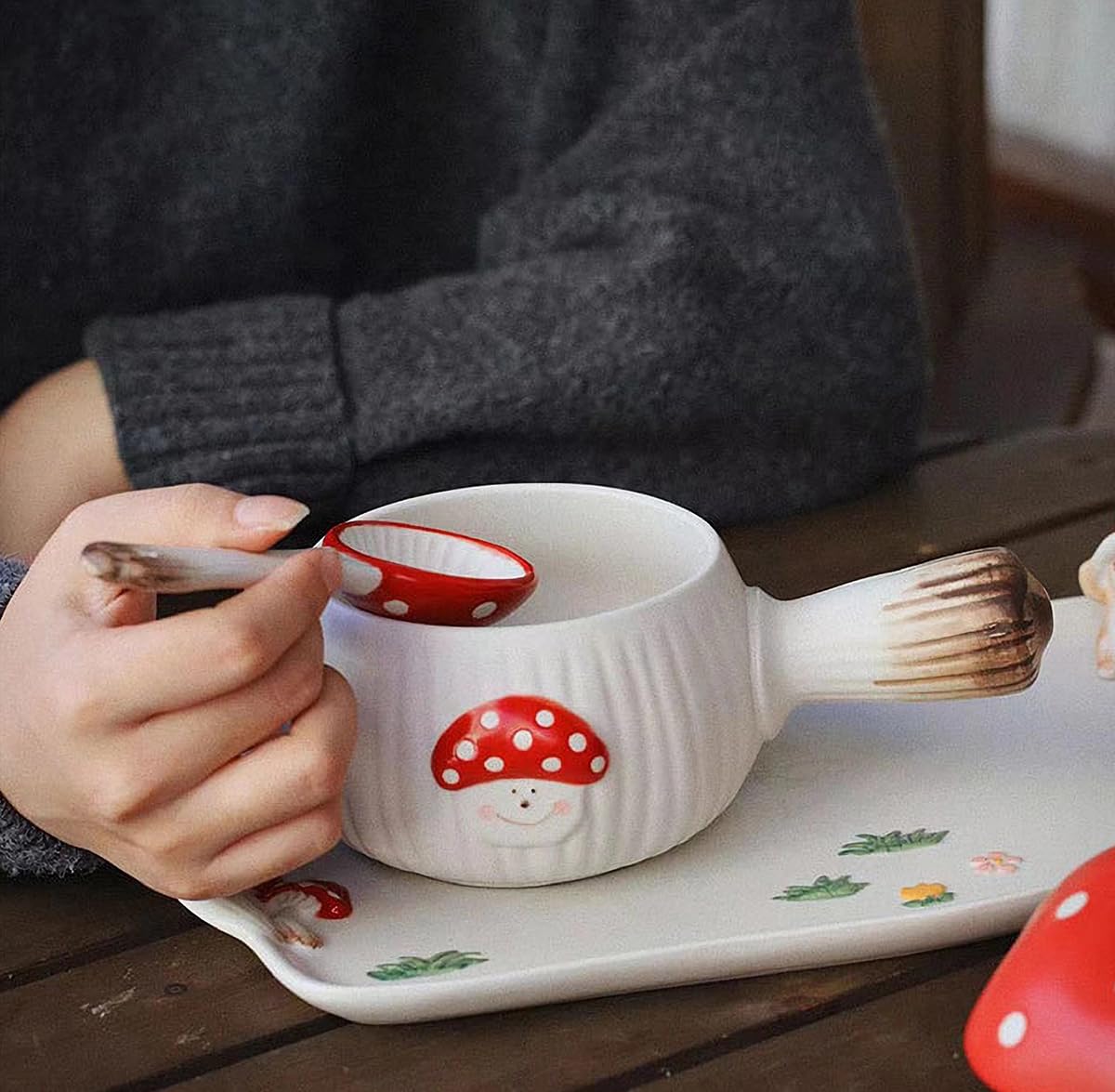 RESVUGA Mushroom Spoons - Asian Ceramic Soup Spoon Set of 2, Safety Ceramics - Use for Noodle, Dessert, Breakfast, Soup.