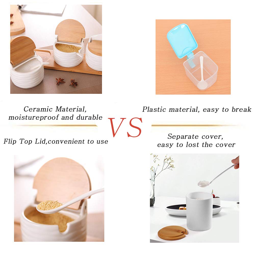 Vermida Ceramic Salt Cellars with Lids and Spoons, Salt Pepper Containers for Countertop, Porcelain Sugar Container with Labels for Kitchen, Sugar Holder for Serving, Tea, Coffee, Spice, Salt