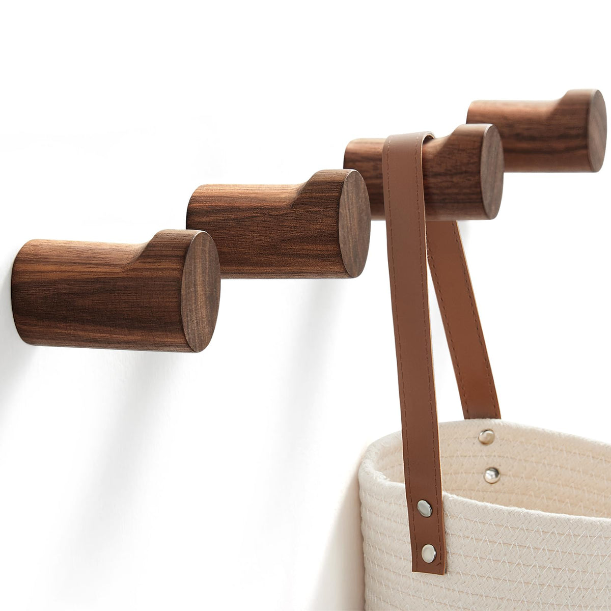 HeyPPO Wooden Wall Hooks 4 Pack, Modern Decorative Coat Hook Wall-Mount, Handmade Rustic Hat Hooks, Entryway Wall Hangers for Hanging Coats Hats Backpack, Bathroom Wood Towel Rack (Walnut)