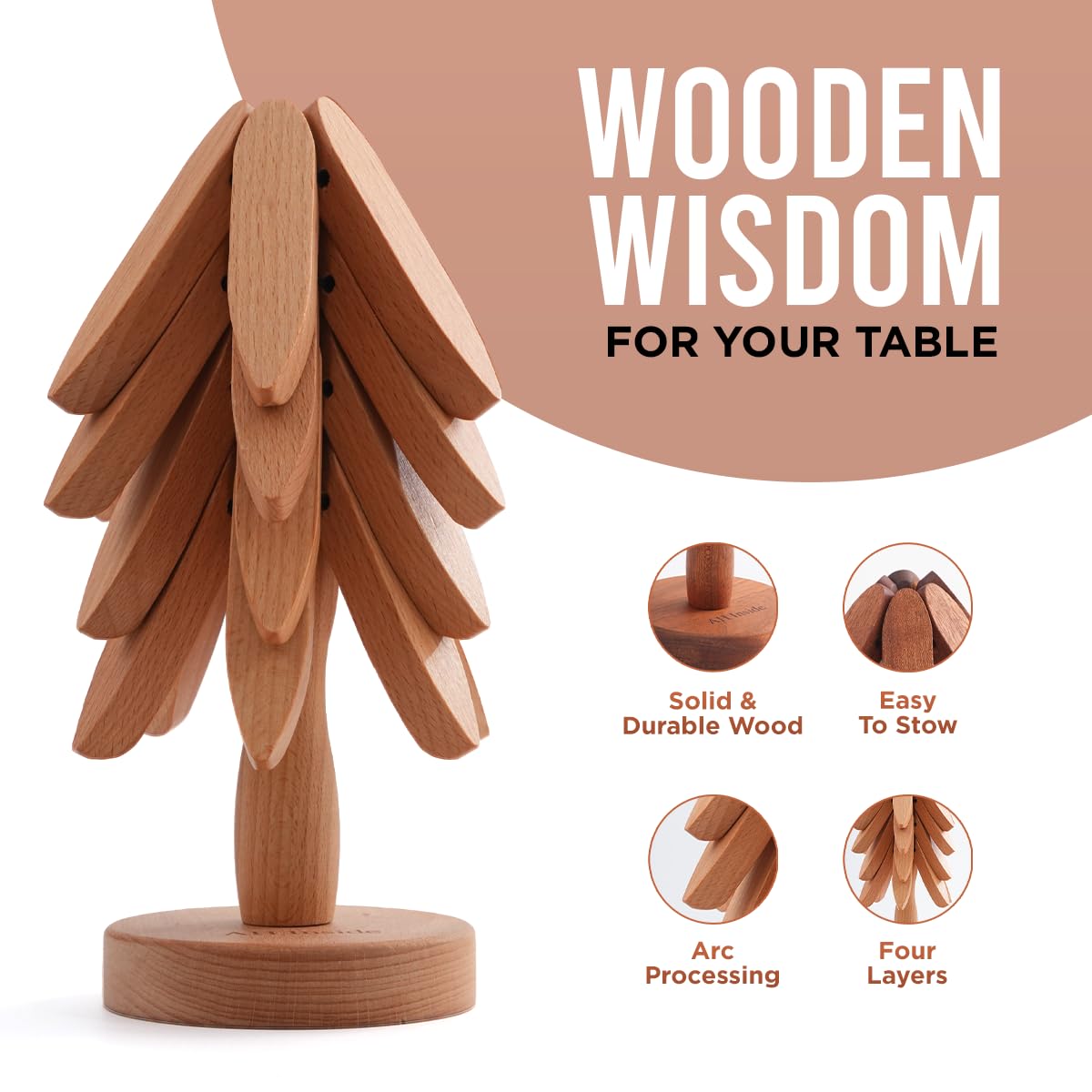 AH Inside Wooden Tree Trivet Set of 4 – Wood Trivets for Hot Dishes, Natural Wooden Pot Holders, Tree Coasters, Heat-Resistant Kitchen & Dining Decor.