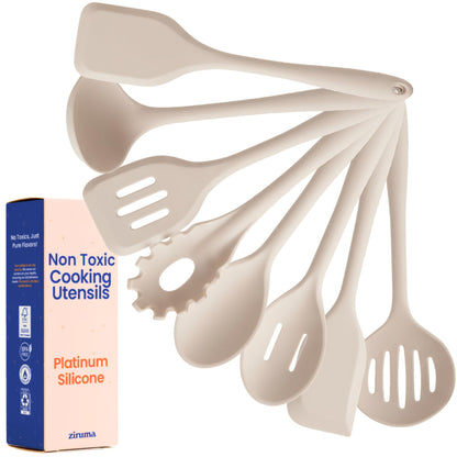 Non-Toxic Platinum Silicone Kitchen Utensil Set of 8 – Non-Scratch Cooking Spoons & Spatulas, 100% Plastic Free, Stainless Steel Core, Heat Resistant 500°F, Beige
