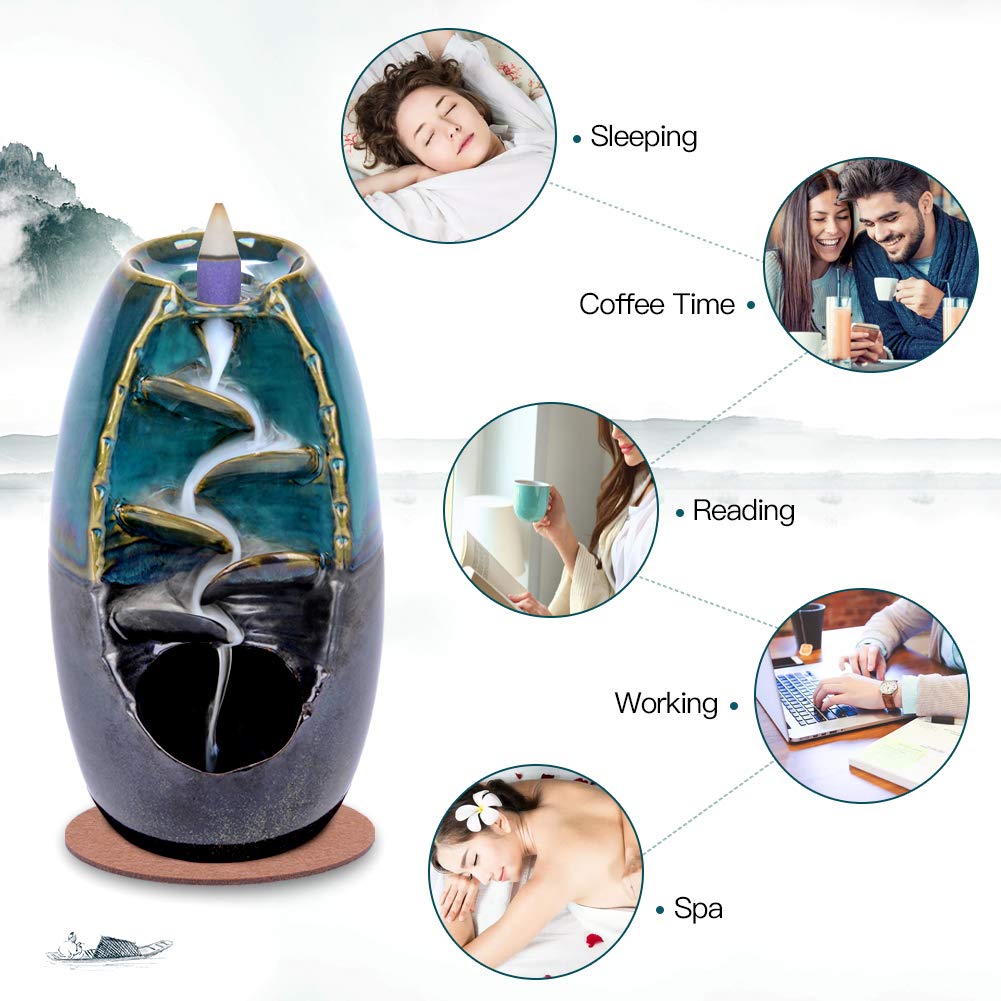 SPACEKEEPER Ceramic Backflow Incense Holder Waterfall Incense Burner, Aromatherapy Ornament Home Decor with 120 Backflow Incense Cones + 30 Incense Stick , Blue Set
