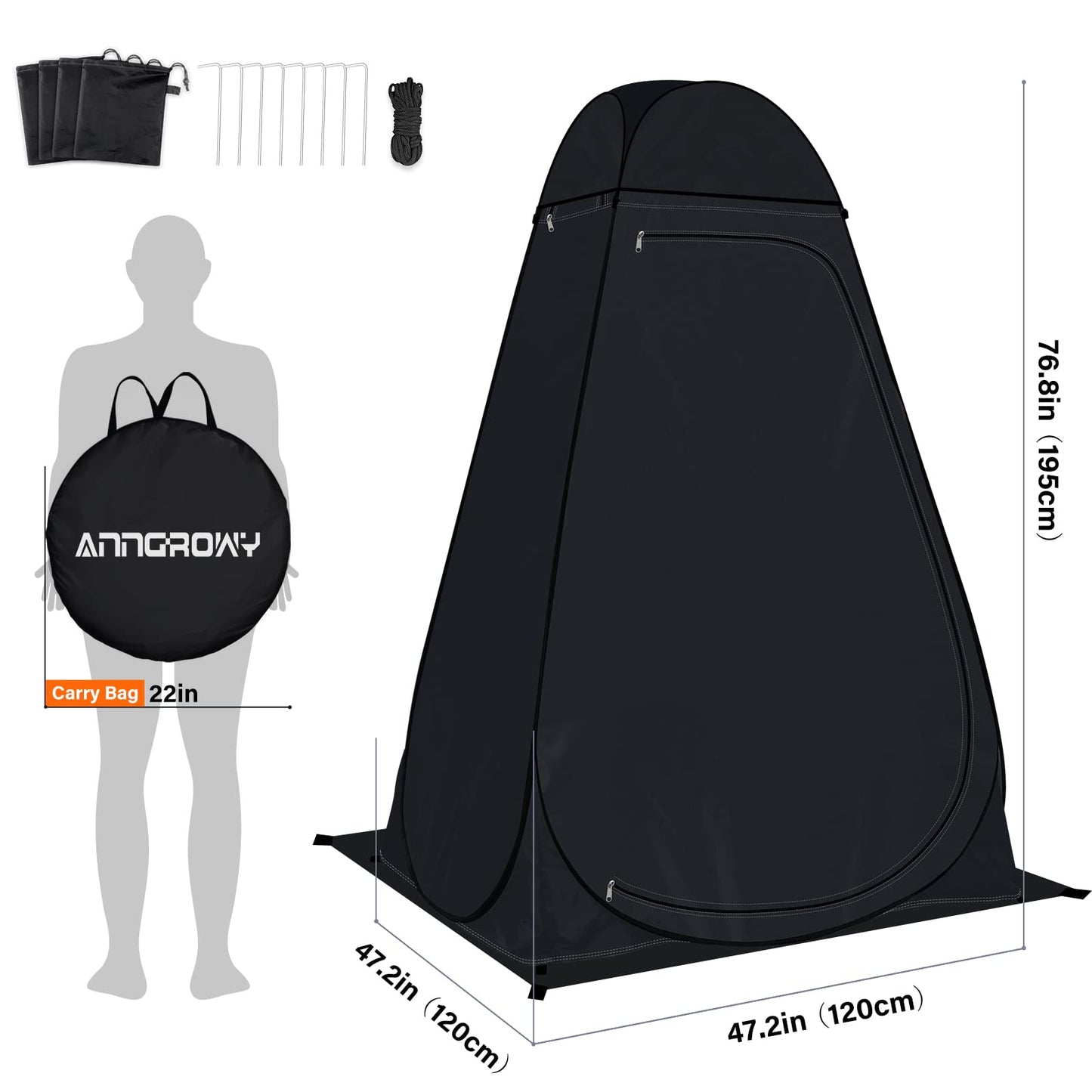 anngrowy Shower Tent Pop-Up Privacy Tent Camping Portable Toilet Outdoor Camp Bathroom Changing Dressing Room Instant Privacy Shelters for Hiking Beach Picnic Fishing Potty, Extra-Tall, UPF 50+