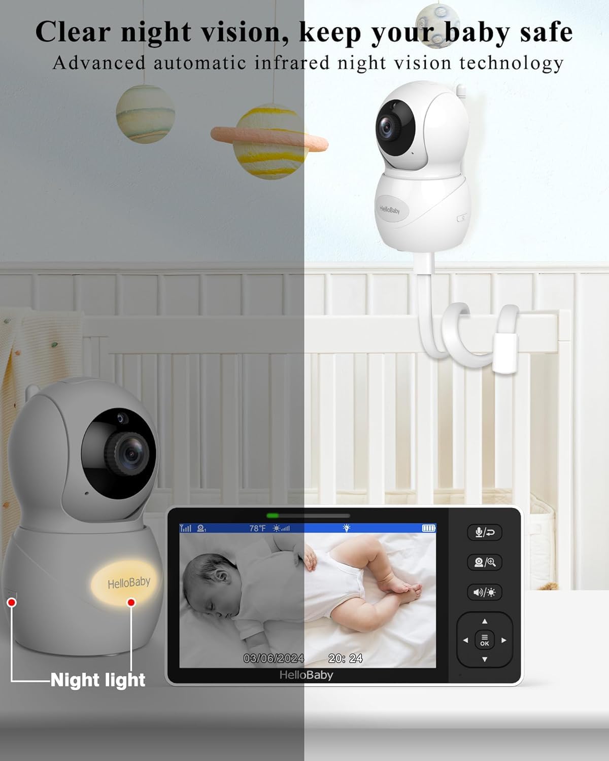 HelloBaby Baby Monitor with 1080P Baby Camera,Video Baby Monitor with Camera and Night Vision, 5.5’’ Split IPS Screen, No WiFi, ECO Mode, 2-Way Audio, Pan-Tilt-Zoom, 1000ft, Temp Display, Night Light