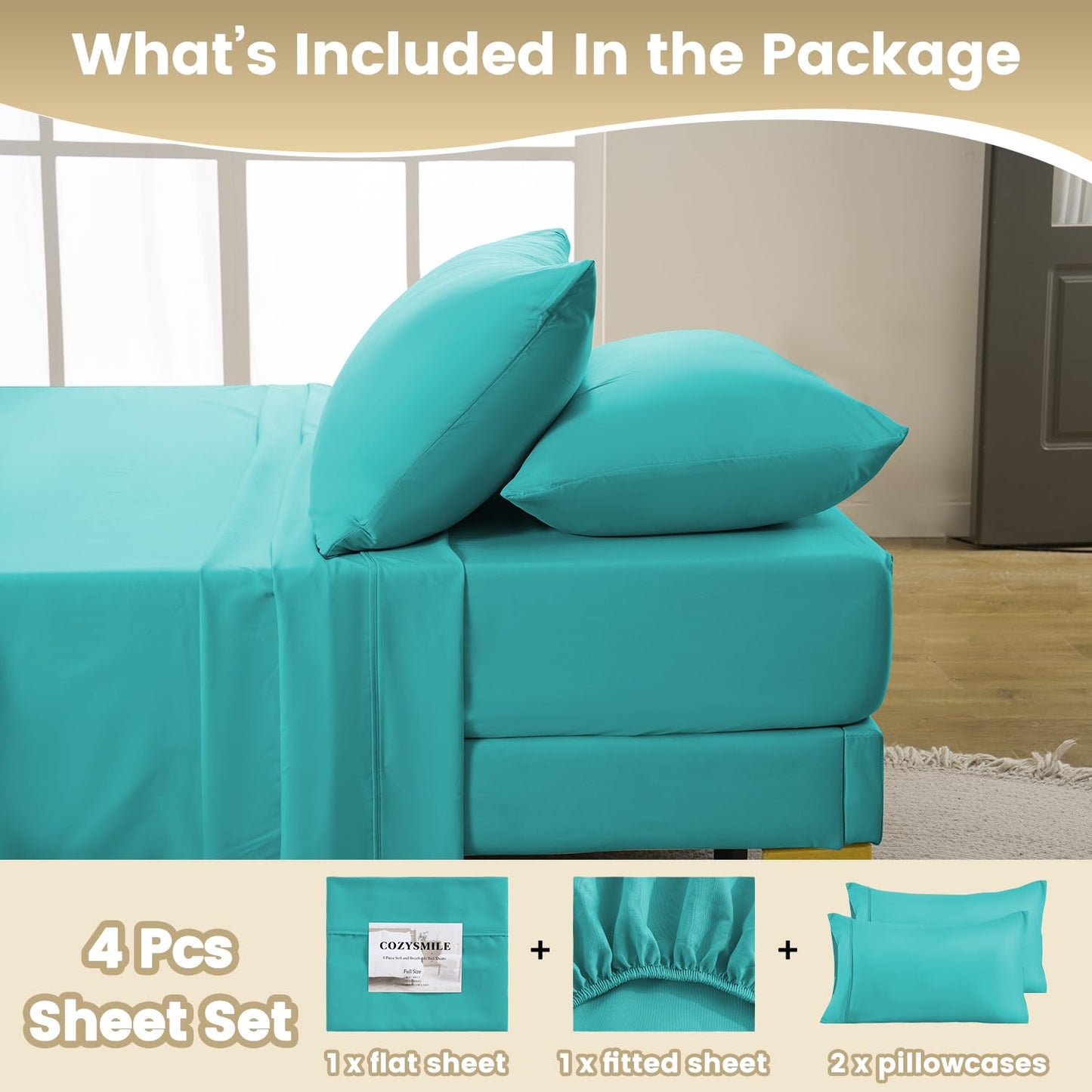 CozySmile Breathable Cooling Full Sheet Set - Hotel Luxury 4 Piece Deep Pocket Sheets for Full Size Bed, Fits 16" Mattress, Easy Care Wrinkle Free Bedding Sheet and Pillowcase Set, Turquoise