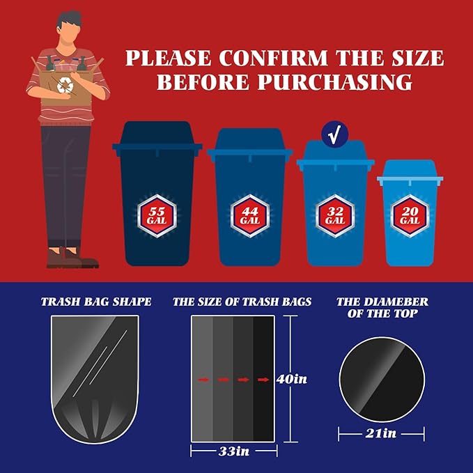 Teivio Trash Bags, 30-33 Gallon,