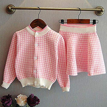 CM C&M WODRO Girls Dress, Autumn Winter Toddler Kids Plaid Knitted Sweater Dress Set Baby Girls Coat Tops+Skirt Set (Pink, Size 9 (3-4 Years))