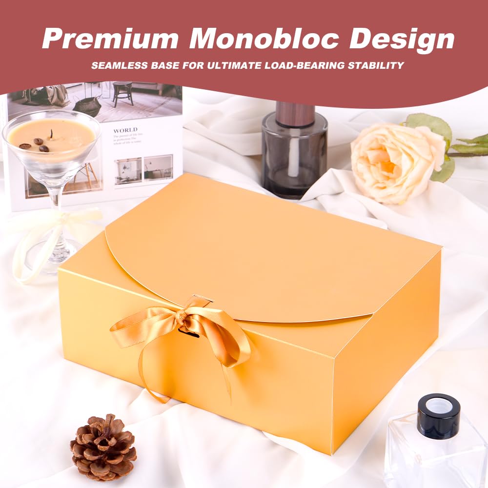 10 Pack Gift Boxes with Ribbon 10x7.5x3.5 Inch - Cardstock Wedding Favor Boxes for Bridesmaid Proposals, Birthday & Holiday Gift Packaging (Gold)