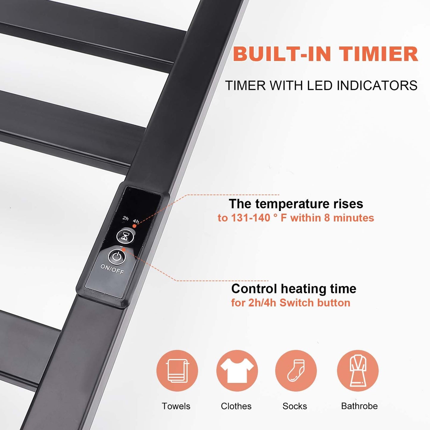 Towel Warmer Heated Towel Bar-Rack - Nopwer Bathroom Wall Mounted Electric Towel Drying Plug-in Matte Black 8 Bars