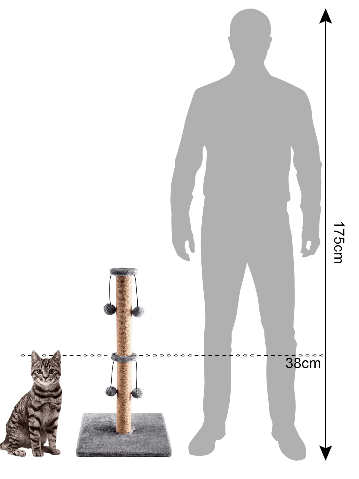 Trintion Cat Scratching Post 74cm Foldable Bottom Tall Cat Claw Scratcher with 4 Toy Ball Natural Sisal Scratch Pole and Soft Carpet Covered Heavy Base Modern Stable Design (Gray 74cm 4Ball)