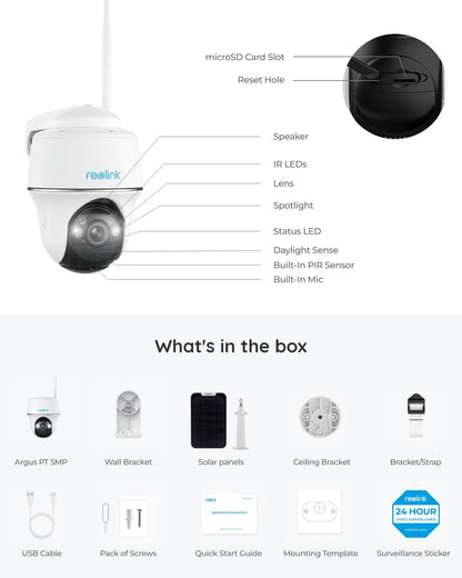 REOLINK First 4K Solar Security Cameras Wireless Outdoor, Argus PT Ultra+ 3W Solar Panel, 360° Pan Tilt Auto-Tracking, 8MP Color Night Vision, 2.4/5 GHz Wi-Fi 6, No Monthly Fee, Home Hub Compatible