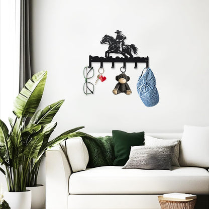 MAYJOYDIY Human Horse Riding Metal Key Hooks 9.8×15.7 Inch Western Cowboy Hat Wall Mounted Hook Hangers Grasslands Key Holder for Wall with 6 Hooks for Kitchen Entryway Hallway Garden Doorway